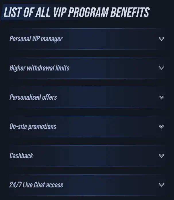 Banner with list of VegasHero Casino VIP Program benefits